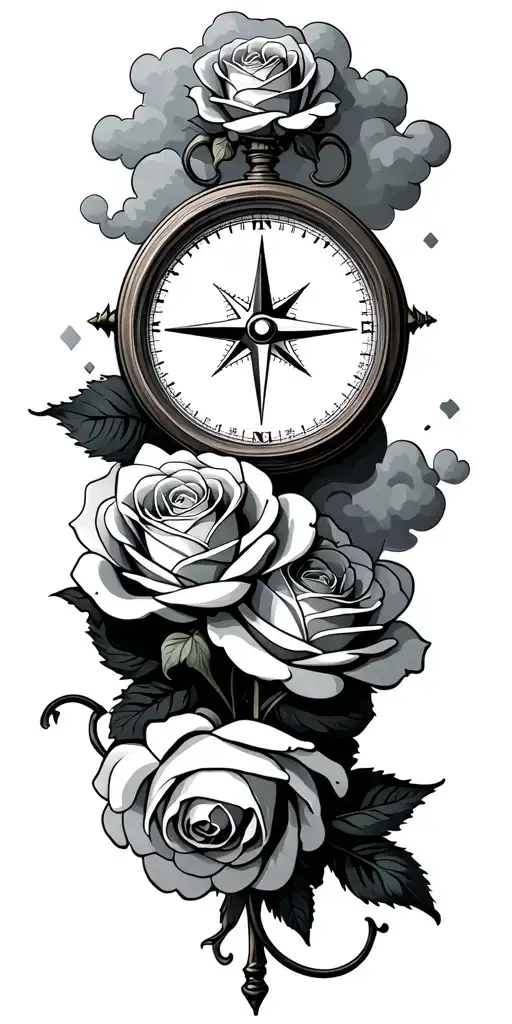 compass with clouds and two roses wrapped tattoo design idea