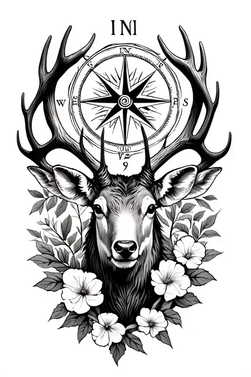 september birth flower, deer antlers, detailed compass rose tattoo design idea