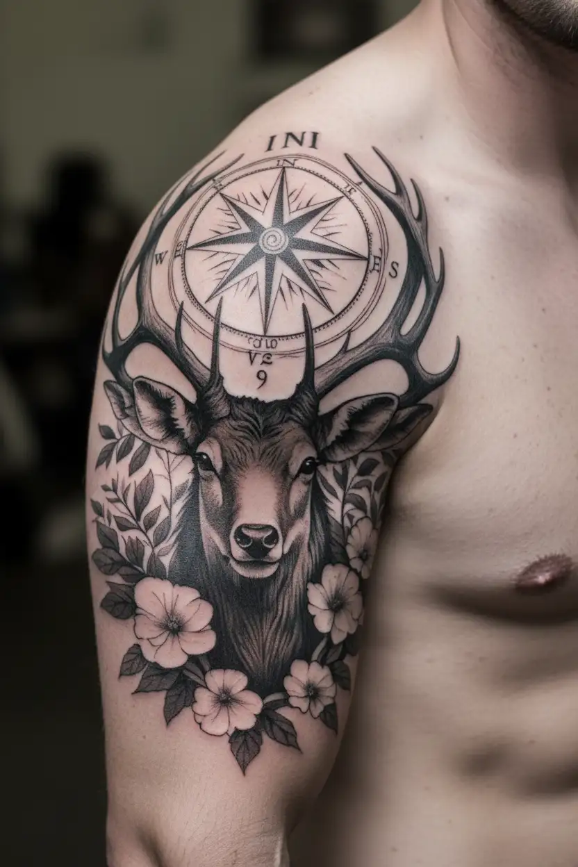 september birth flower, deer antlers, detailed compass rose tattoo design idea