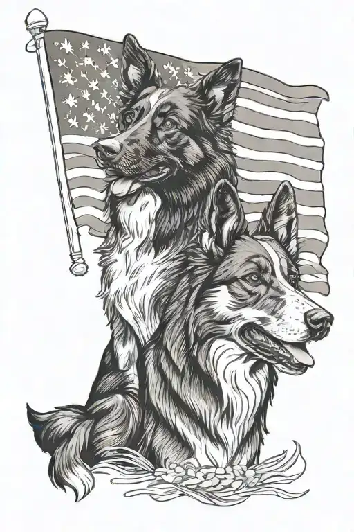border collie and German shepherd American flag intertwined tattoo design idea