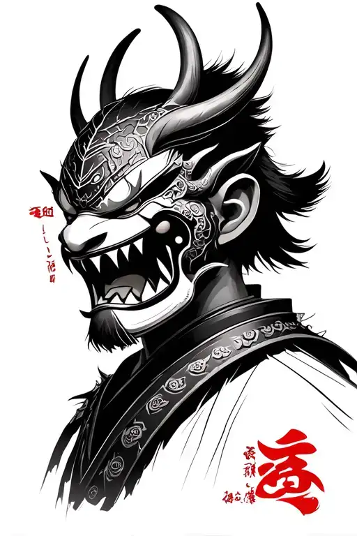A samurai wearing a traditional Oni mask (like a Hannya or a fierce warrior Oni). You could:Add cracked armor or battl tattoo design idea
