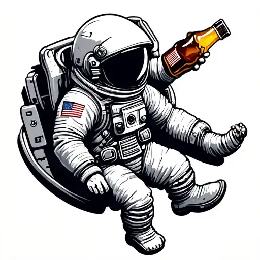floating astronaut with beer bottle in hand  tattoo design idea