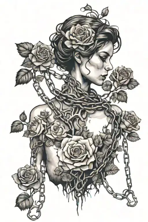 Silhouette of a girl with short hair, bare chest, roots growing out of chains, roses, decaying flesh tattoo design idea