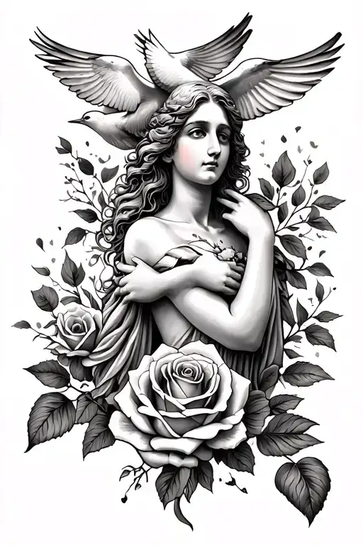 Beautiful aphrodite with doves and rose tattoo design idea
