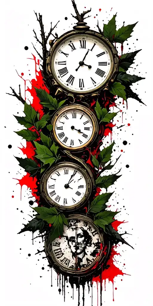 birch branches with hunter green leaves with only three clocks integrated into it tattoo design idea
