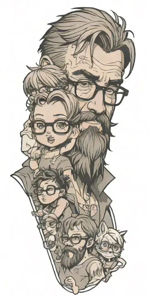 anime tattoo with a rugged loving woodworking bearded dad, creative silly woman with glasses, a shorthair toddler girl tattoo design idea