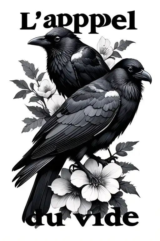 "L'appel du vide" two ravens perched and flowers intertwined tattoo design idea