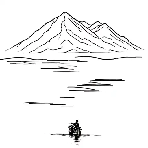 Minimalist black line tattoo of a motorcycle sinking in floodwater on a Vietnamese mountain road, simple thin lines, no  tattoo design idea