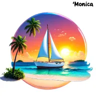 "Monica" "Monica" bubble  foreground white sailboat, sunrise sky small background distant island 2 palm tree  ocean vibrant beach tattoo design idea