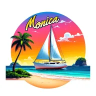 "Monica" "Monica" bubble  foreground white sailboat, sunrise sky small background distant island 2 palm tree  ocean vibrant beach tattoo design idea