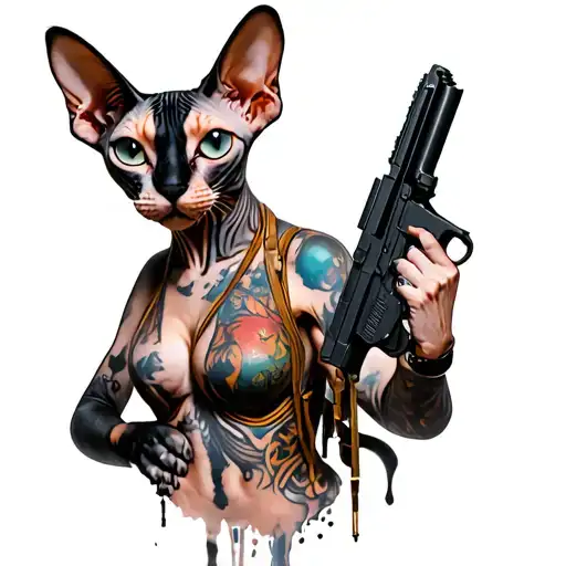 post apocalyptic sphynx cat with women woth guns tattoo design idea