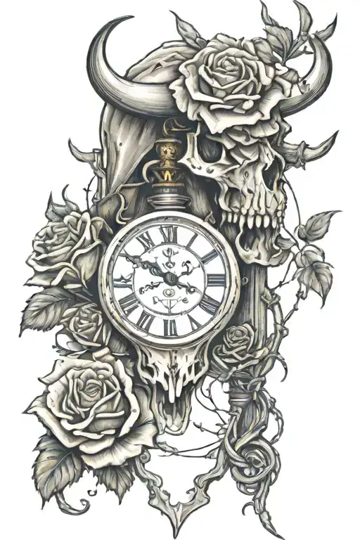 roses, bull skull, barbed wire, Greek god, clock  tattoo design idea