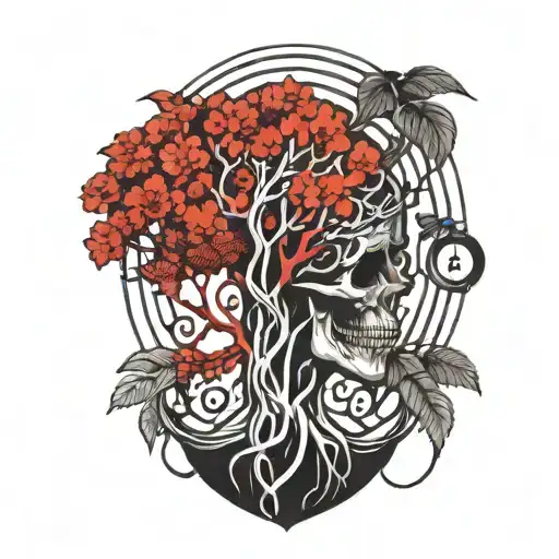 many lines poison tree with flowing red blood and words instead of branches pierced by a blade made of many curved lines tattoo design idea