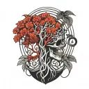 many lines poison tree with flowing red blood and words instead of branches pierced by a blade made of many curved lines tattoo design idea