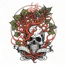many lines poison tree with flowing red blood and words instead of branches pierced by a blade made of many curved lines tattoo design idea