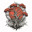 many lines poison tree with flowing red blood and words instead of branches pierced by a blade made of many curved lines tattoo design idea