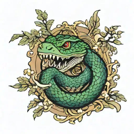 Tattoo on the forearm with a black and green snake. Japanese jagged trees in the background that are brown. Most of the  tattoo design idea