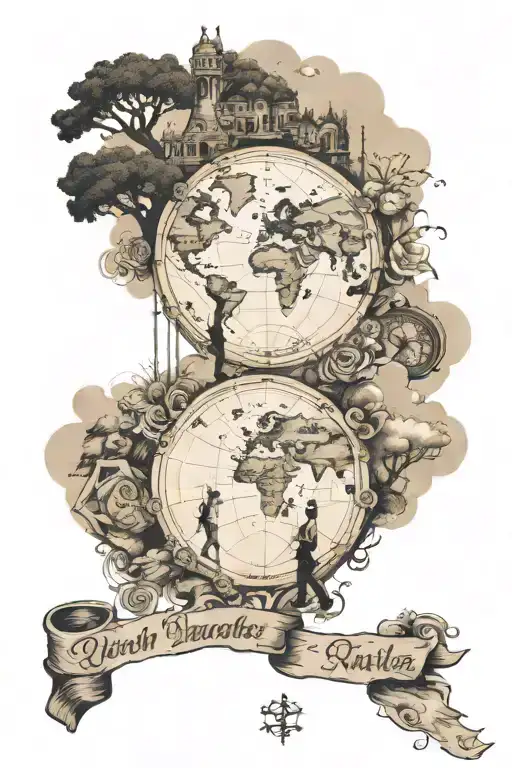 couple holding hands with a route to the 7 world wonders. each world wonder has a spot to put the date the couple visite tattoo design idea