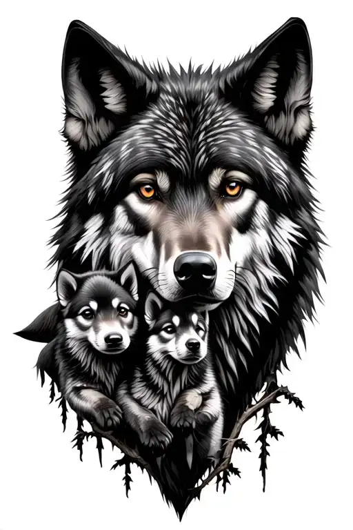  realistic black alpha wolf head protecting pups tree background  tattoo design idea