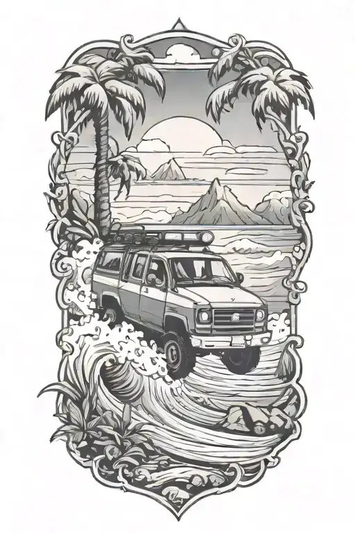 outdoor with off road and the ocean scene tattoo design idea