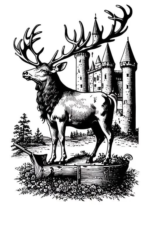 Stag and plough and castle tattoo design idea