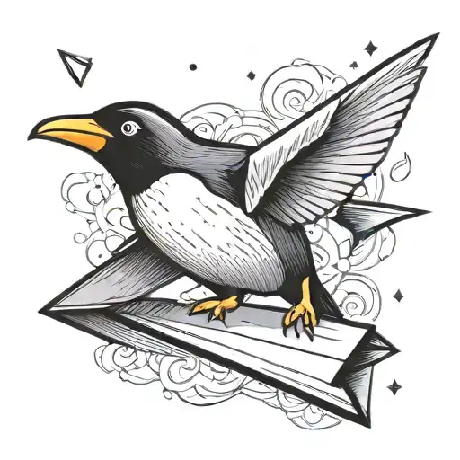 penguin flying a paper airplane tattoo design idea