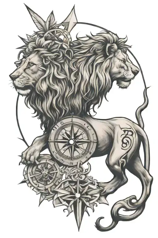lion, compass rose tattoo design idea