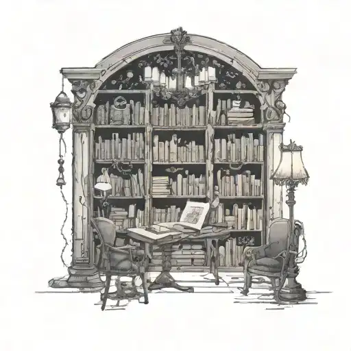 A mystical library with shelves filled with intricate craft supplies, illuminated by a unique lamp tattoo design idea