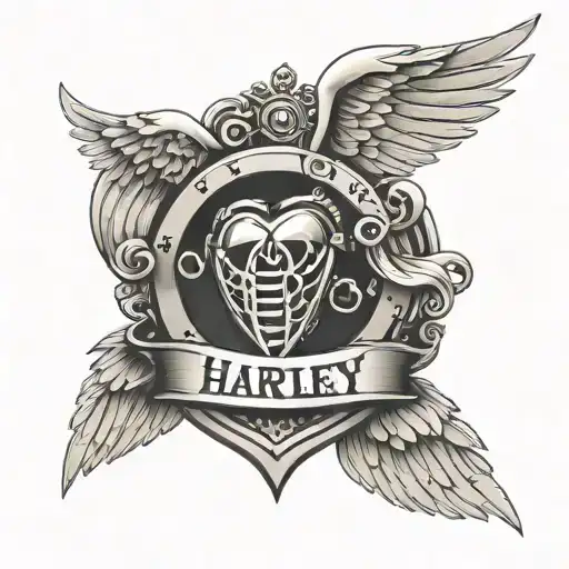 harley badge with angel wings and  heart beat and wedding rings  tattoo design idea