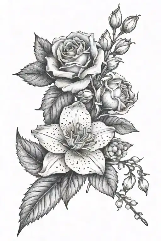  a carnation, a sweet pea, a lily of the valley, a hawthorn, and a larkspur tattoo design idea