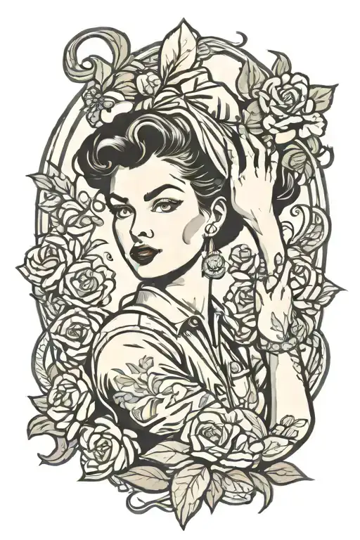 art nouveau style rosie the riveter pose tattoo design idea