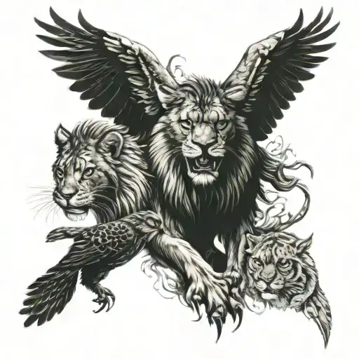 eagle lion family diving cat tattoo design idea