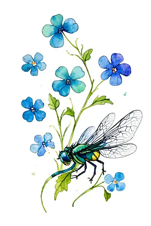 dragin fly + irish clover + forget me not flowers growing tattoo design idea