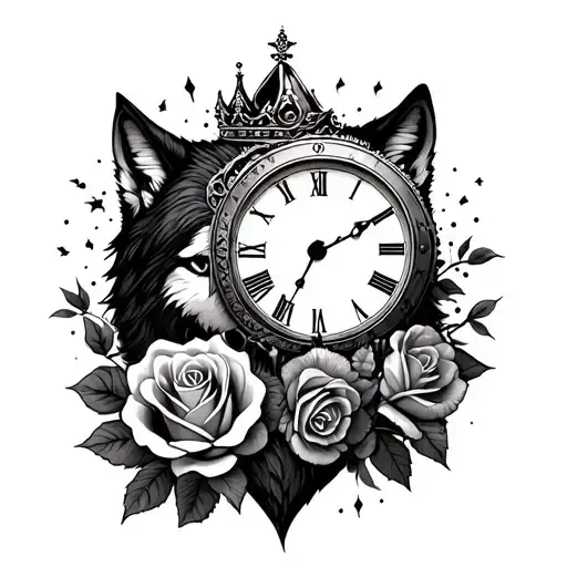 rose, clock, cresent moon, mountain, crown, wolf heart tattoo design idea