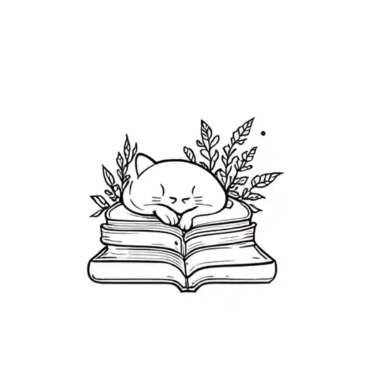 sleeping cat on books with plants intertwined tattoo design idea