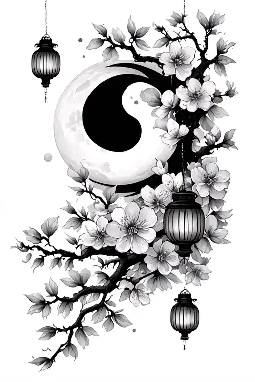 cherry blossoms pedals falling and moon surrounded with lanterns  tattoo design idea