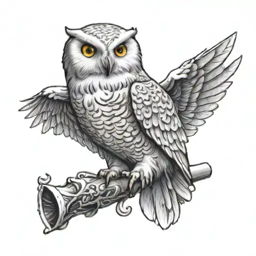 flying snowy owl Hedwig with scroll in the claw and a felix felicis drinking from the other claw tattoo design idea