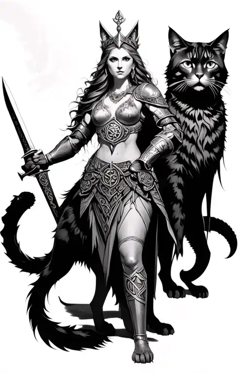 freya goddess with large cats in celtic armor weilding a sword tattoo design idea