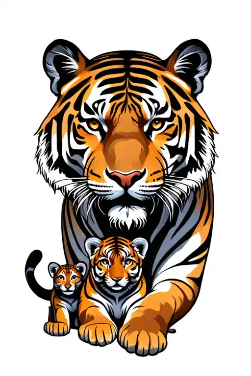 large tiger with two cubs tattoo design idea