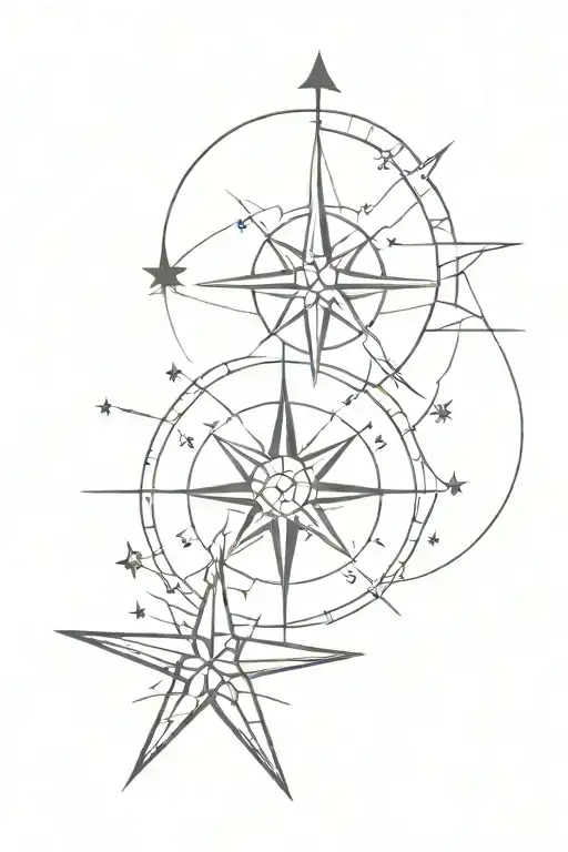 star moon sun and compass rose separated from each other tattoo design idea