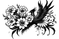 Black and white multiple flowers going across right side of chest onto the shoulder with phoenix  imbedded into the flow tattoo design idea