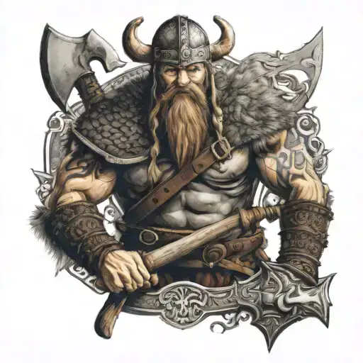 Viking with axe and wolf tattoo design idea