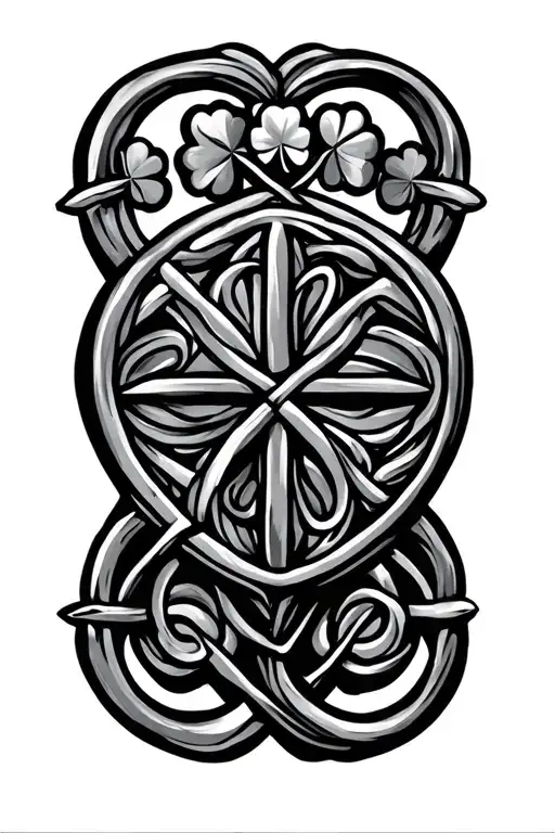 Celtic shield knot surrounded by 4 leaf clover tattoo design idea