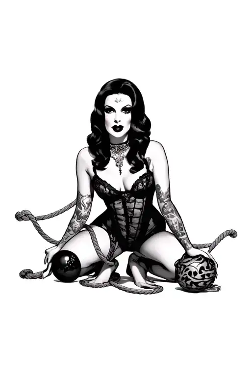 Dita Von Teese kneeing in frog position with garter stocking ball gage and rope bondage tattoo design idea