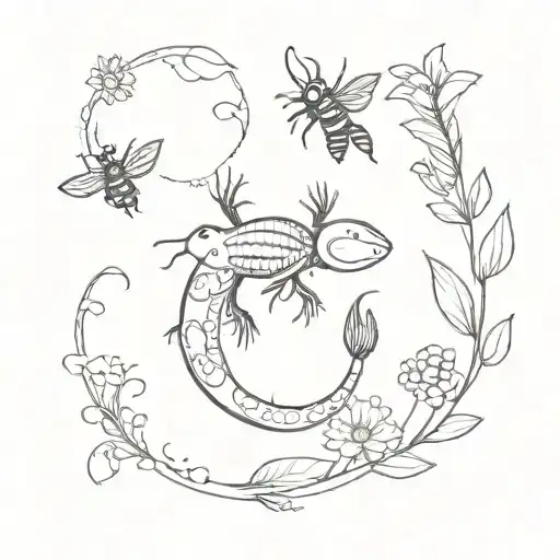 salamander and bee flying and flower growing tattoo design idea