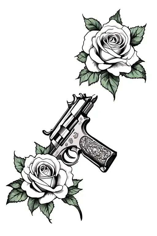 2 roses and a pistol flash tattoo tattoo design idea