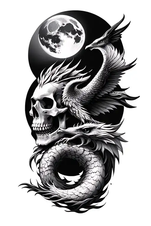 dragon and phoenix and skull and moon and raven tattoo design idea
