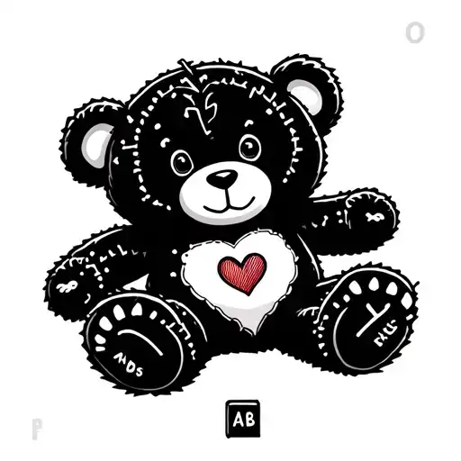 teddy bear stitched up cuts, face & limbs. pins thru a heart drawn on the belly,  head & arm. laying against ABC blocks tattoo design idea
