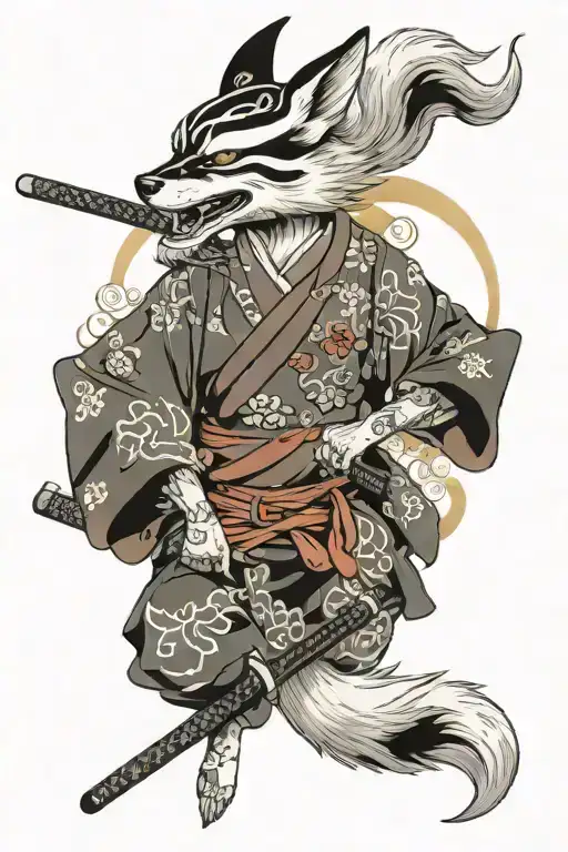 KITSUNE AND SAMURAI SWORD tattoo design idea