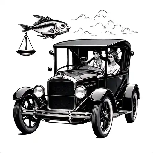 libra and pisces and retro car driving tattoo design idea